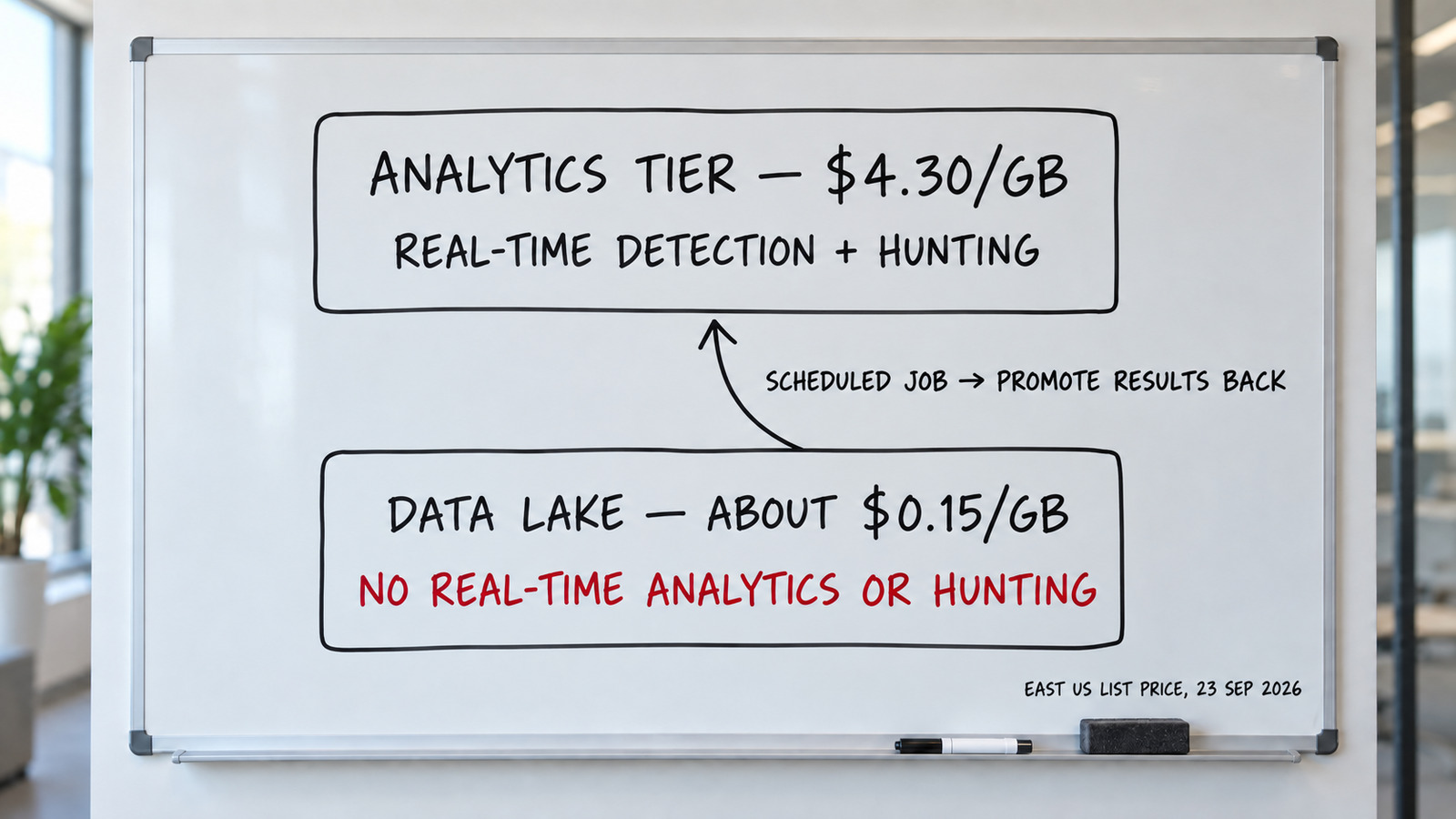 Whiteboard comparing Microsoft Sentinel's analytics tier at $4.30 per GB with real-time detection and hunting, and the data lake at about $0.15 per GB with no real-time analytics or hunting, linked by a scheduled job that promotes results back